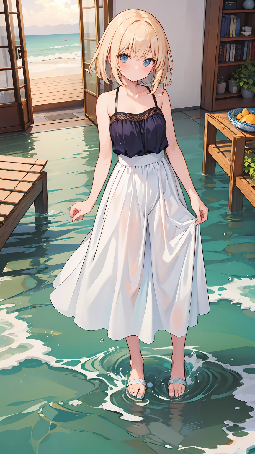 (8k, Best Quality, masterpiece: 1.2),Ultra-high resolution, 1 person, solo ,Small breasts, Highly detailed face, White long skirt, The top is a red gingham check camisole.ソール, White long skirt, The top is a red gingham check camisole., White short sleeves, Gladiator Sandals, sea, Waves, Pure white long skirt, Lots of water, Water Play, knee-deep in water, 