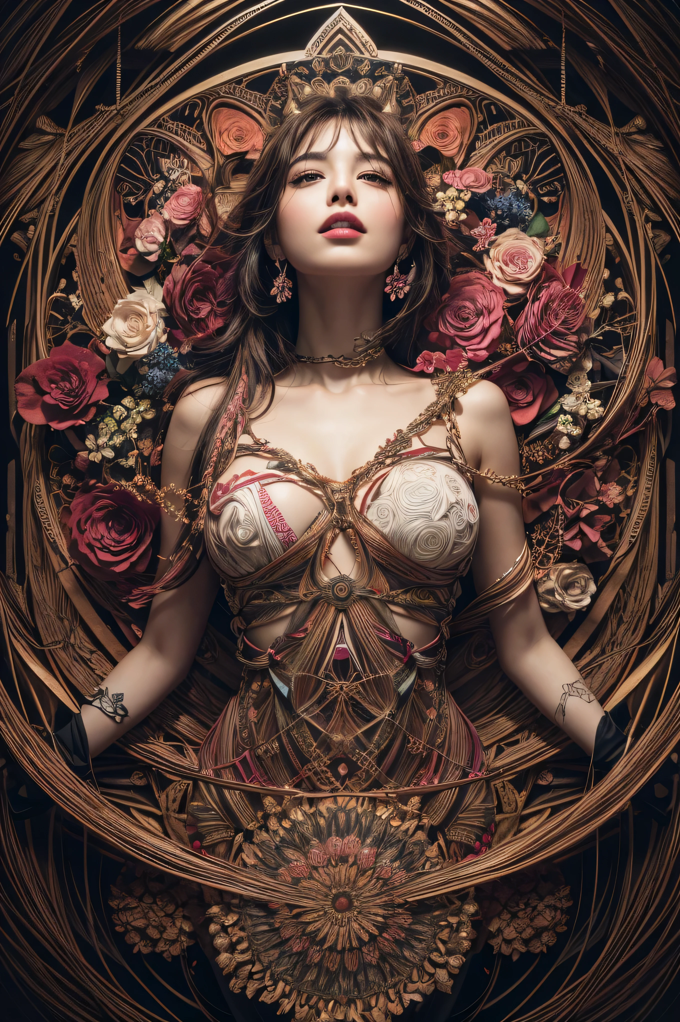 as if on a cross, T-shape to body, in ecstasy, getting pleasure, metal clock, iron steel clock, gears and inner workings, clock mechanics, ankles, , wet asian woman laying on huge metal clock, giant iron clockface, nsfw naked fit asian woman tied to a cross, tied to metal arms, nice abs, wet, clockhand is penetrating her, best quality, 4k, highres, masterpiece:1.2), ultra-detailed, (realistic, photorealistic:1.37), HDR, sharp focus, professional lighting, extreme detail description. Please remember to generate the Stable Diffusion prompt without adding any prefix.