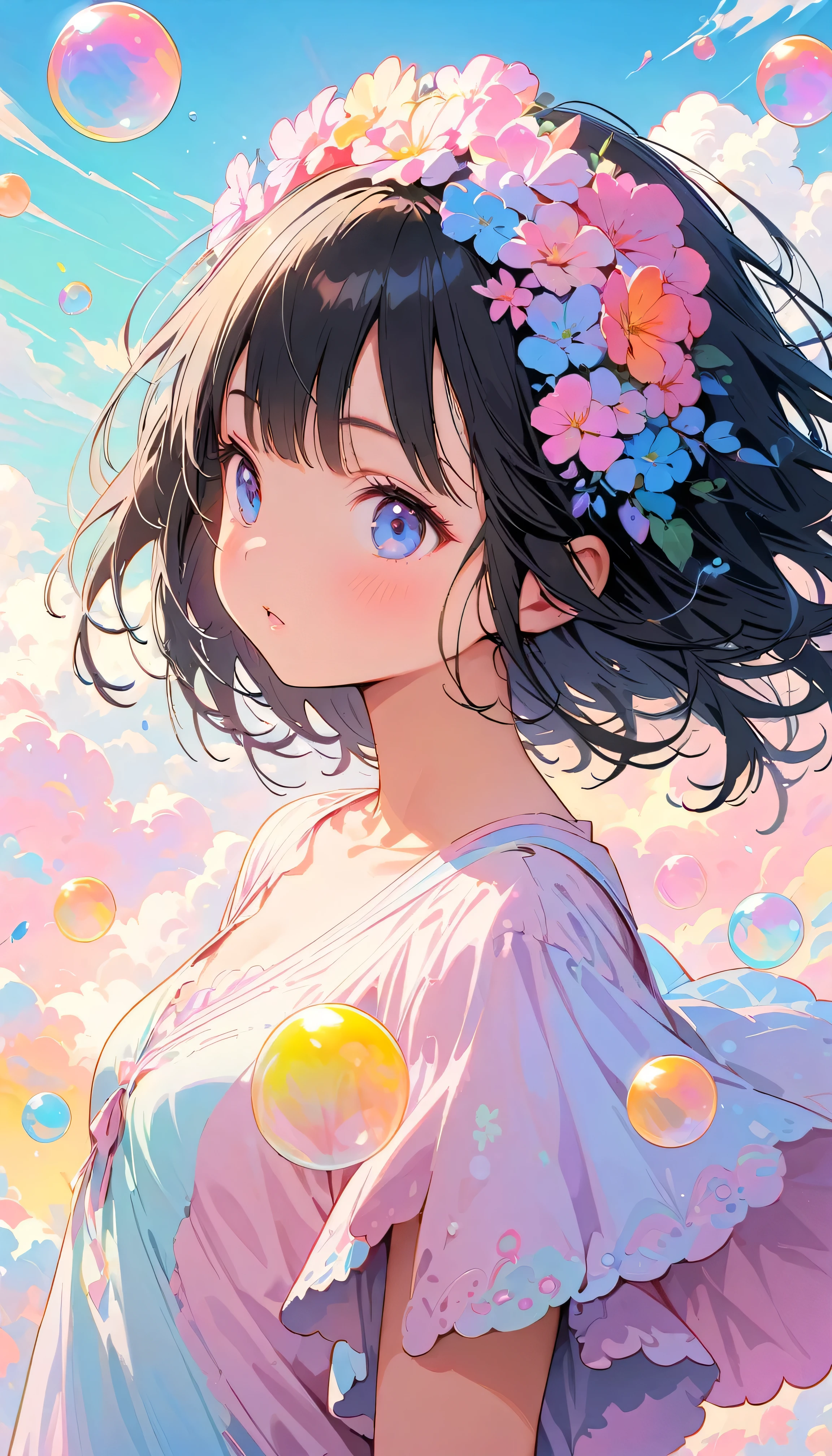 Best Quality, Super Fine, 8k, Incredibly strange, Very detailed, 2.5D, Beautiful Goddess, Pastel colored soap bubbles cloud, Sunshine, Pop Art, Delicate and dynamic, Pastel Color Fantasy, Black Hair, young, Small breasts, Official Art