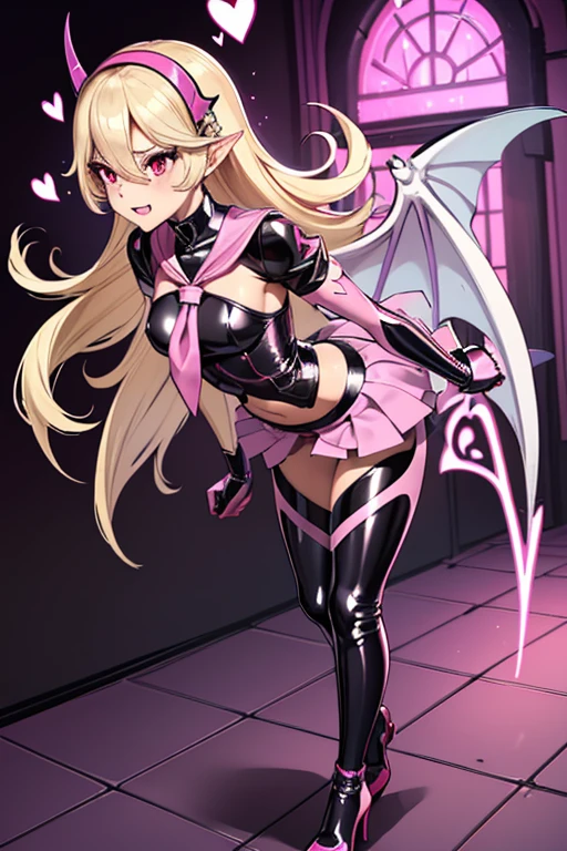 young, pink skirt, thighhigh boots with high heels, latex bodysuit, pink leather and latex, sexy evil demon, female corrin with wings, pink and latex sailor school uniform, wild, evil, villain, bad girl, fantasy background, slim body, only tight skimpy clothes, whore, slut, black, pink-skirt, elbow gloves, short sleeves, bat wings, blonde bitch, devil tail, devil wings, small girl, standing in a seductive way, full latex leggings, midriff, full body, beautiful, sexy girl, scary castle, thief, heart symbol, pink eyes