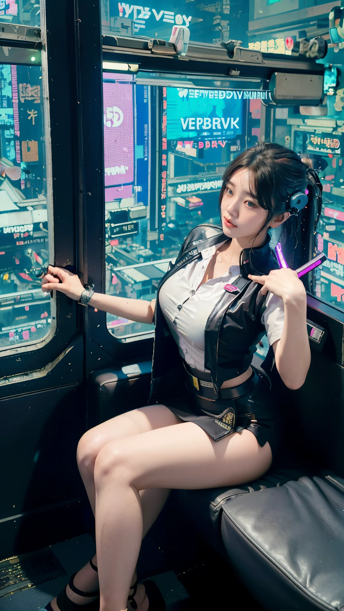 A beautiful young woman of Thai-Vietnamese descent. Very beautiful. Beautiful curvy figure. ((Wearing a cyberpunk student uniform: 1.5)) Romantic. Long black lace stockings. Belt. ((Sitting on a sky train in the city at night)) Moonlight shines through the window to her at night. Transparent, transparent. Cyberpunk atmosphere. Sexy, cute. ((Almost full body portrait)) Taken with world-class lighting and cameraman. The most detailed. The best focus.