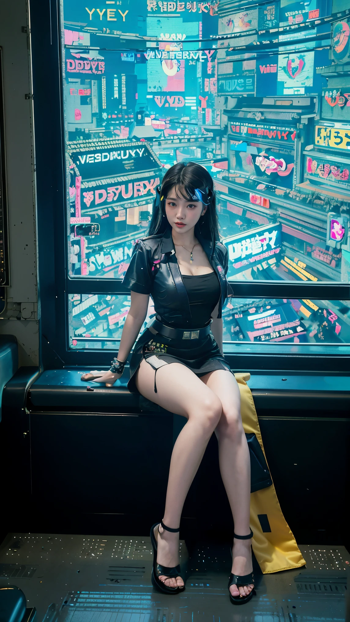 A beautiful young woman of Thai-Vietnamese descent. Very beautiful. Beautiful curvy figure. ((Wearing a cyberpunk student uniform: 1.5)) Romantic. Long black lace stockings. Belt. ((Sitting on a sky train in the city at night)) Moonlight shines through the window to her at night. Transparent, transparent. Cyberpunk atmosphere. Sexy, cute. ((Almost full body portrait)) Taken with world-class lighting and cameraman. The most detailed. The best focus.