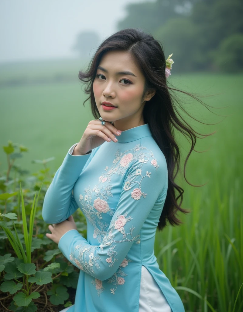 A stunning young woman with long, dark hair and delicate features wearing an intricately embroidered, soft silk traditional Vietnamese ao dai in shades of sky blue and white, posing elegantly amidst lush, vibrant greenery and subtle mist.