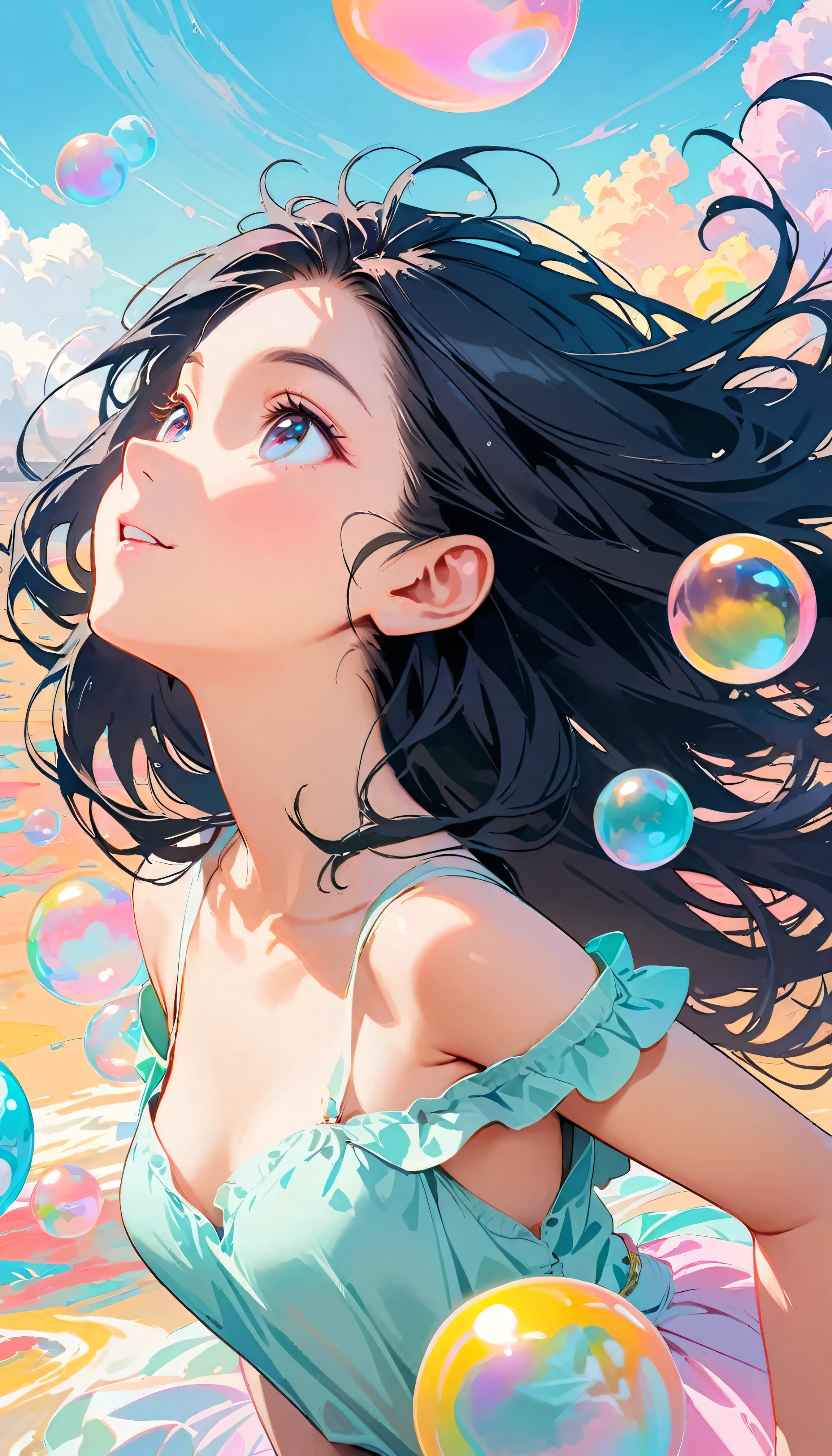 Best Quality, Super Fine, 8k, Incredibly strange, Very detailed, 2.5D, Beautiful Goddess, Pastel colored soap bubbles cloud, Sunshine, Pop Art, Delicate and dynamic, Pastel Color Fantasy, Black Hair, Very young, Small breasts, Official Art