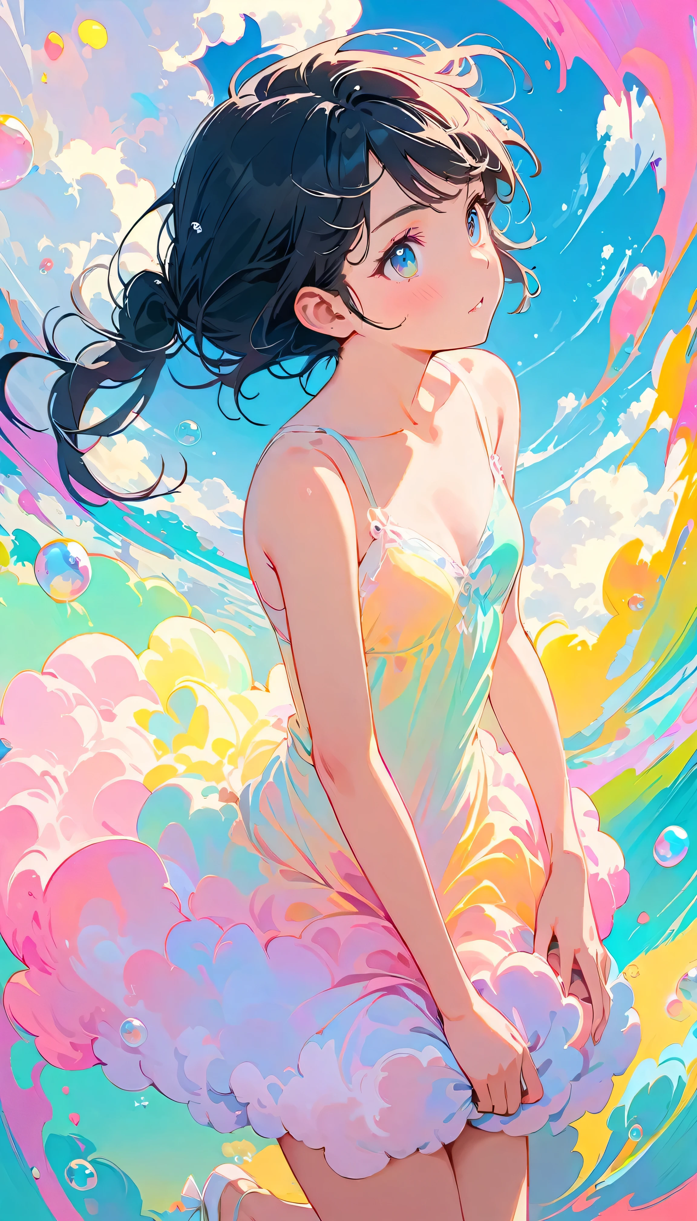 Best Quality, Super Fine, 8k, Incredibly strange, Very detailed, 2.5D, Beautiful Goddess, Pastel colored soap bubbles cloud, Sunshine, Pop Art, Delicate and dynamic, Pastel Color Fantasy, Black Hair, Very young, Small breasts, Official Art