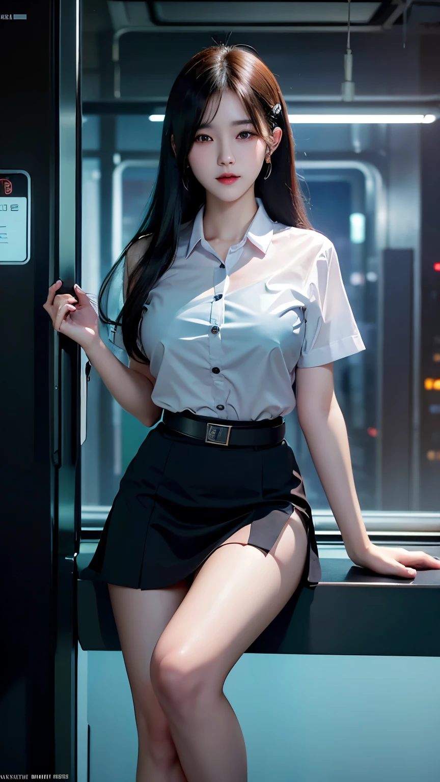 A beautiful young woman of Thai-Vietnamese descent, 3, with a beautiful figure and beautiful curves. ((Wearing a school uniform, short-sleeved shirt with white buttons, a fitted black skirt, dressed in a cyberpunk style 1.5)) Romantic, long black lace stockings, a belt. ((Riding the subway in the city at night)) Moonlight shines through the window to her at night, transparent, translucent, cyberpunk atmosphere, sexy, cute. ((Almost full-body portrait)) Taken with world-class lighting and photographers, the most detail, the best focus.