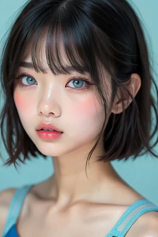 Girl wearing a sports bra, Glossy pink plump lips, Lips slightly open with lip balm applied, The moment you try to speak to me kindly、 Moist pale blue eyes, Clear double eyelids、Look straight ahead and stare at me、Standing in front of a blue studio backdrop, UHD, masterpiece, textured skin, high details