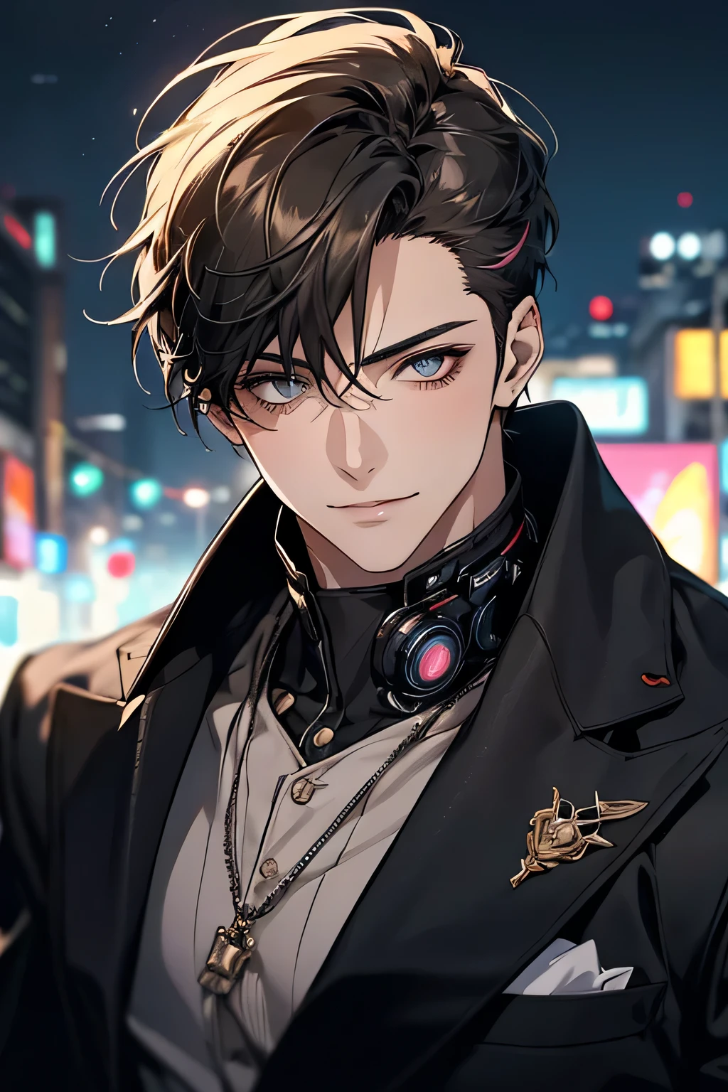 (High resolution:1.2), masterpiece, 1boy, 1male, black-haird, cyberpunk, full figure, short stylish hair, masterpiece,in anime style, no beard. (Realistic:1.37),(bokeh,Vivid colors,Studio lighting),(sharp focus),(average:1.1),beautiful and detailed eyes, clear eyes, warm smiling, sexy looking, colorful, love atmosphere, pretty face, (portrait:1.2),(Realistic:1.37),(bokeh,Vivid colors,Studio lighting),(sharp focus),(average:1.1),An elegantly dressed man with an irresistible charm.,An elegant and sophisticated man, smooth, A gentle man with a sophisticated air,An outstanding person who shows impeccable taste and character.