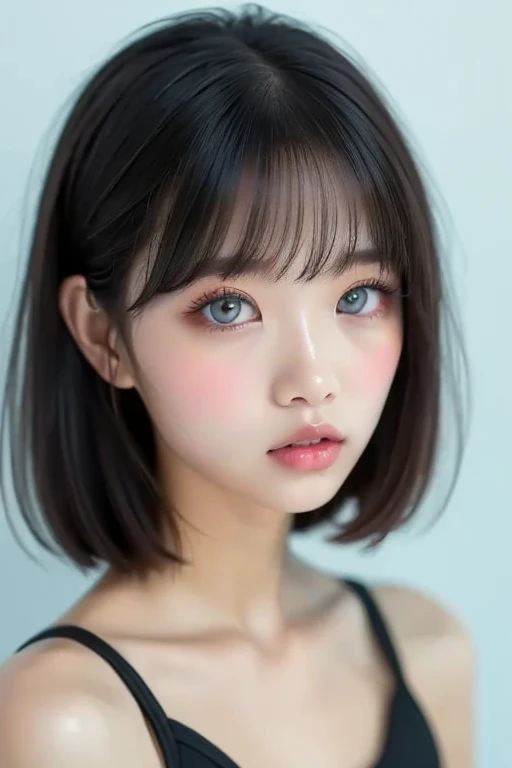 Girl wearing a sports bra, Glossy pink plump lips, Lips slightly open with lip balm applied, The moment you try to speak to me kindly、 Moist pale blue eyes, Clear double eyelids、Look straight ahead and stare at me、Standing in front of a blue studio backdrop, UHD, masterpiece, textured skin, high details