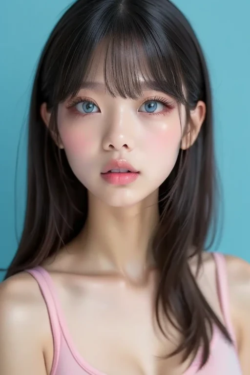 Girl wearing a sports bra, Glossy pink plump lips, Lips slightly open with lip balm applied, The moment you try to speak to me kindly、 Moist pale blue eyes, Clear double eyelids、Look straight ahead and stare at me、Standing in front of a blue studio backdrop, UHD, masterpiece, textured skin, high details