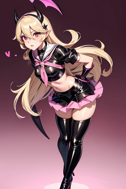 pink skirt, thighhigh boots with high heels, pink wings, latex bodysuit, pink leather and latex, sexy evil demon, female corrin with wings, pink and latex sailor school uniform, wild, evil, villain, bad girl, fantasy background, slim body, only tight skimpy clothes, whore, slut, black, pink-skirt, elbow gloves, short sleeves, bat wings, blonde bitch, devil tail, devil wings, small girl, standing in a seductive way, full latex leggings, midriff, full body, beautiful, sexy girl, scary castle, thief, heart symbol, pink eyes