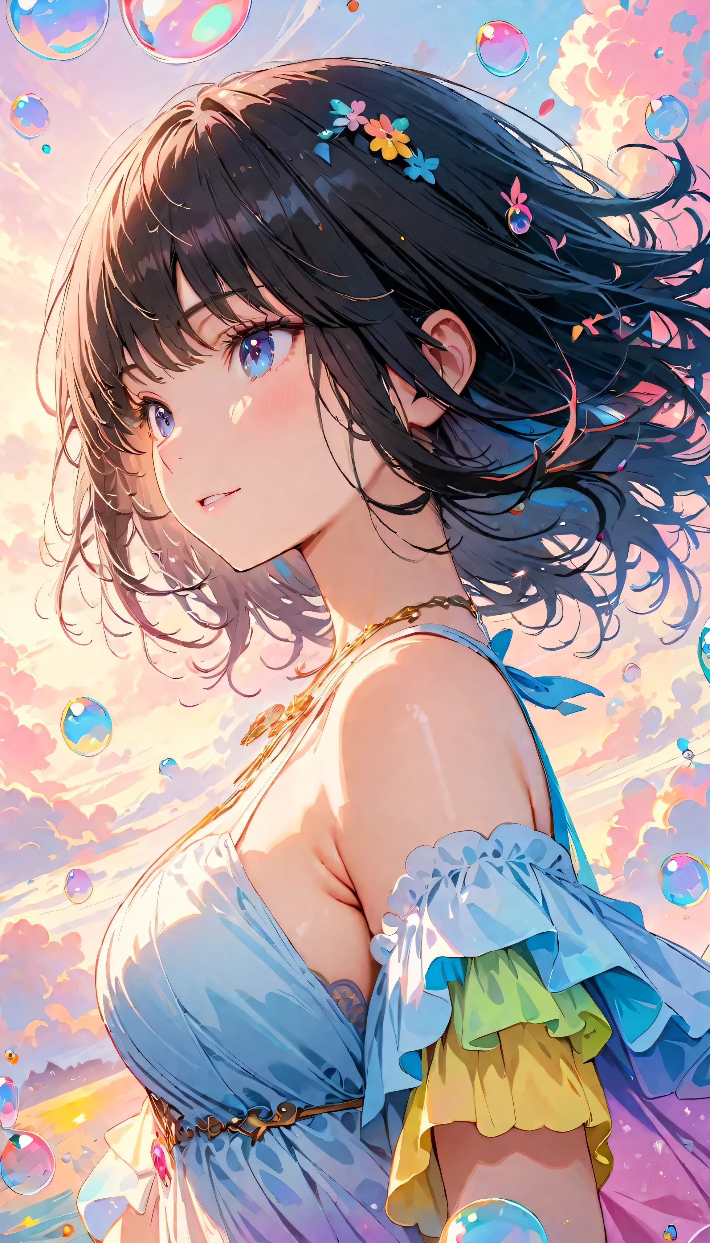 Best Quality, Super Fine, 8k, Incredibly strange, Very detailed, 2.5D, Beautiful Goddess, Soap bubbles, Pastel colored clouds, Sunshine, Pop Art, Delicate and dynamic, Pastel Color Fantasy, Black Hair, Official Art