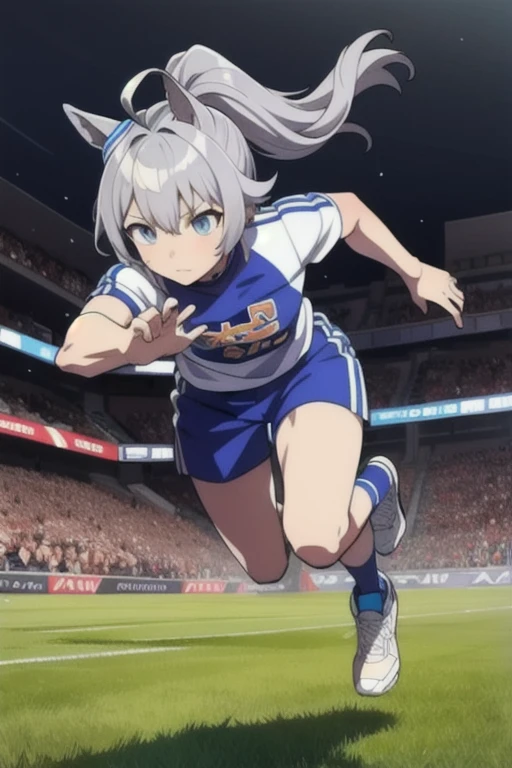 ((, Multiple Representations )),Silver Hair,Ahoge,short hair,ponytail,tail,whole body,Jersey,Ground,((Jersey)).run