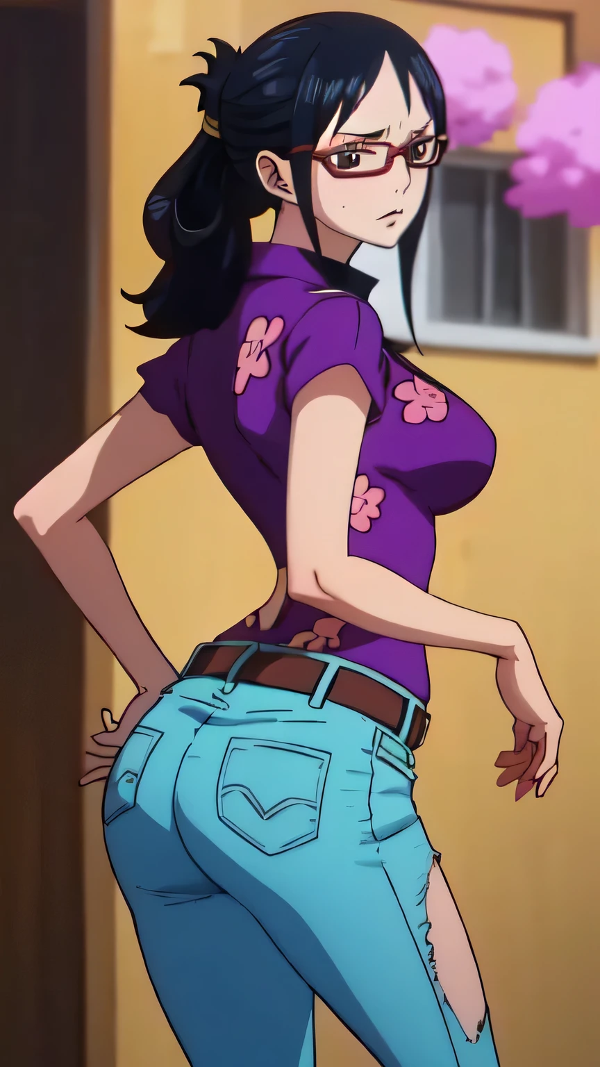 high quality, masterpiece, best quality, anime screen cap, 1girl, rear view, view from behind, looking back, smile, dark blue hair, yellow sweater, turquoise apron, Arms Down, ((Perfect Anatomy, beautifull detailed face, Beautiful detailed eyes, beautiful detailed hair, Beautiful detailed body)), thick outline, Beautiful outlines, black outlines, ultra-wide, wide-angle lens, Vibrant, sacred movie edge ,madoka, Madoka Ayukawa
