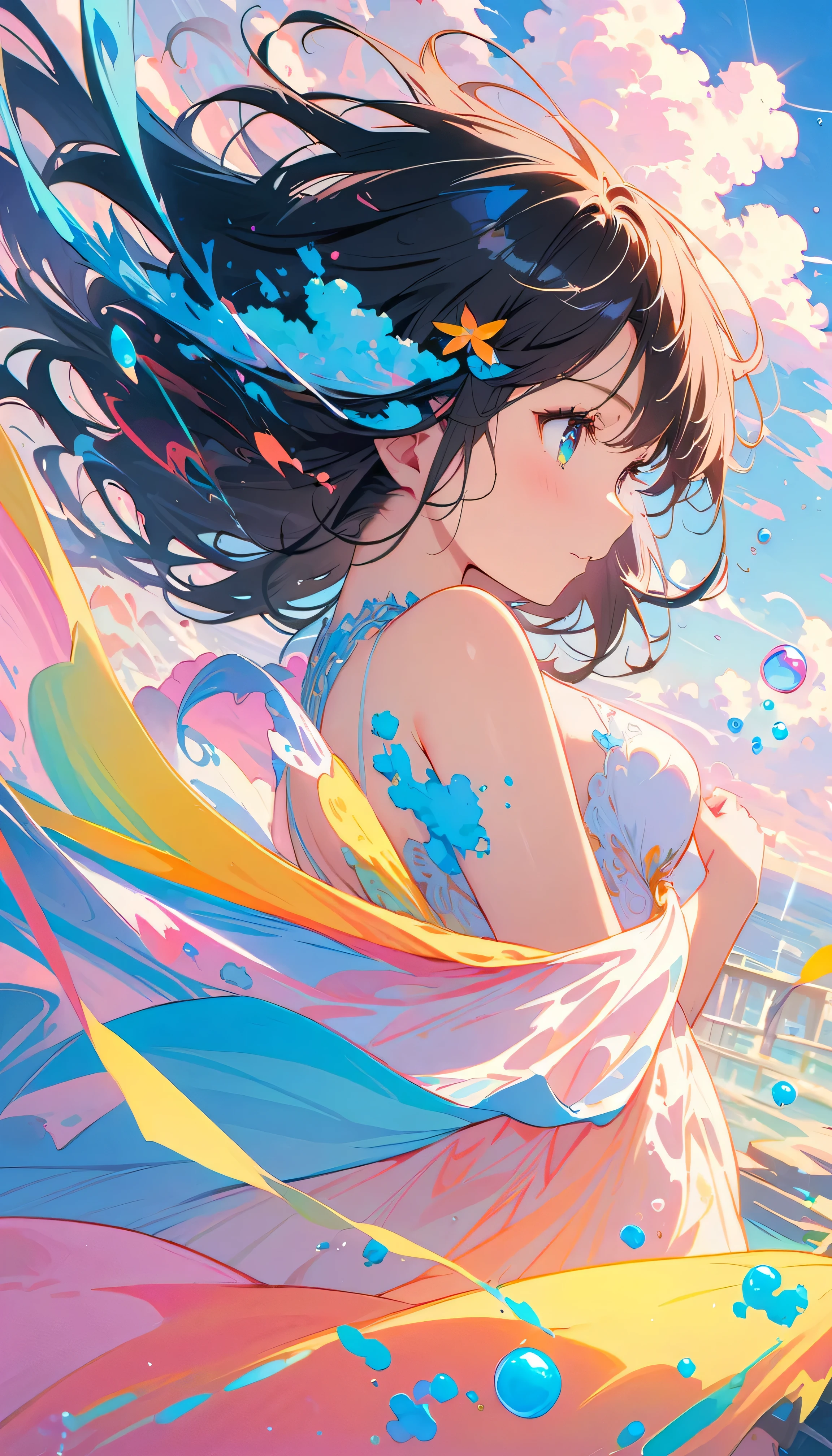 Anime girl with long hair and colorful dress flying in the air - SeaArt AI