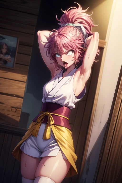 masterpiece, Highest quality,  Unreal Engine,  Super Resolution, Very detailed, 
Japanese Clothing,Runny nose,  Stick out your tongue, No underwear,Short hair, Small Breasts, No eyeballs, For the audience, Looking at the audience, tired, From below, (Exposed armpit:1.1), ((armpit:1.2)), Sweating, More and more sweat,(Aheiyan ), (翻White eyes), Open your mouth, Stick out your tongue, saliva, Drooling,Skinny, Raise your arms, (Raise your arms above your head:1.5), (muscle:1.2),White eyes, White eyes球, syncope, 翻White eyes.
Beautiful woman, March, short kimono, Heart, sash, Fingerless gloves, bike shorts, [sock,Over the knee socks,or, Ponytail,hair_ornament, Vivid expressions, Healthy body, Smooth skin texture, Carefully drawn, 

(humidity:1.5), Beautiful eyes, (Charming face:1.2), (Beautiful Skin), Tight waist, (Large Breasts), (Sweat), Dynamic poses, 

In the world of Hunter Hunter, Outdoor, Slums at night,