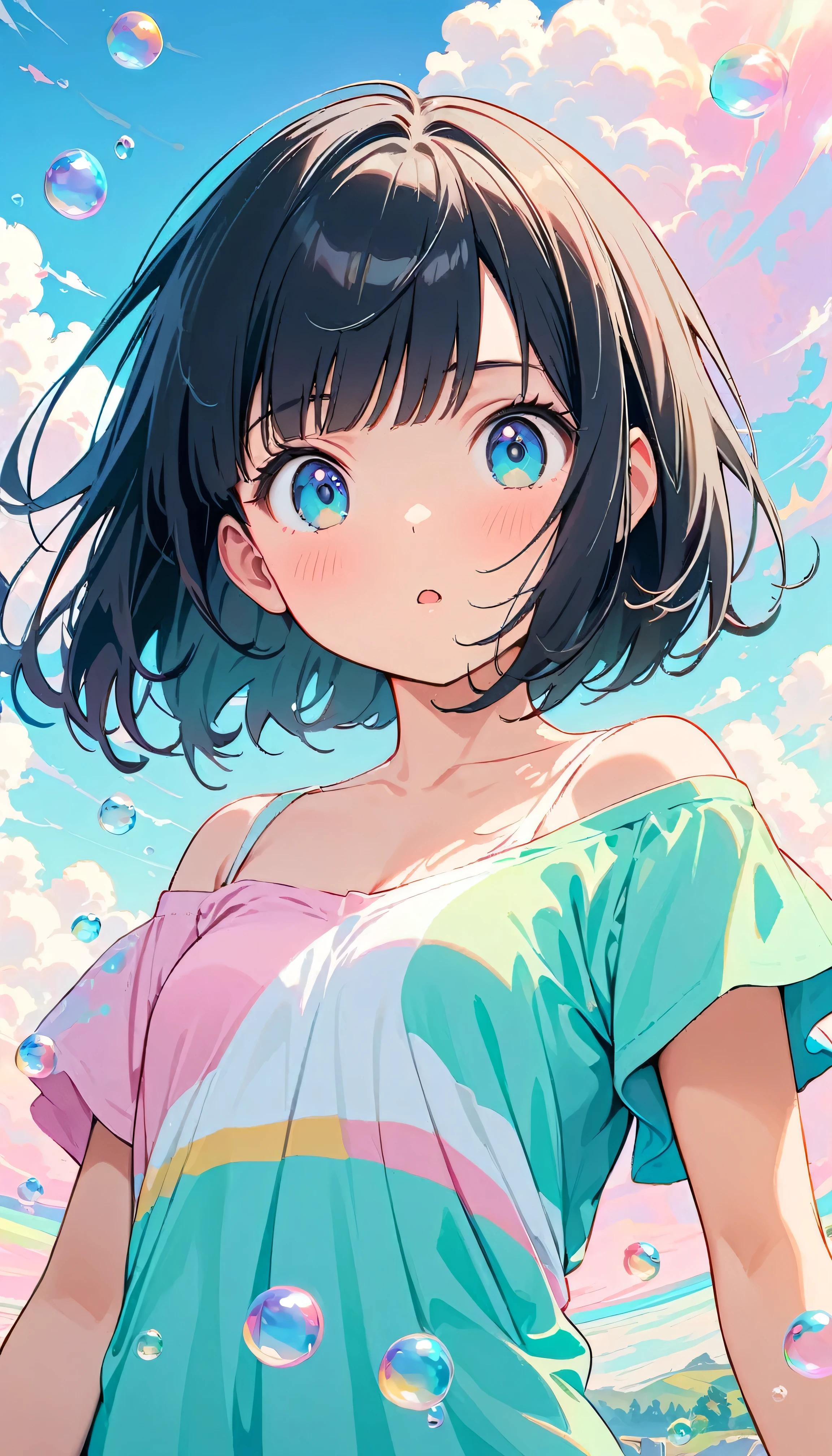 Best Quality, Super Fine, 8k, Incredibly absurd, Very detailed, 2.5D, Beautiful Goddess, Soap bubbles, Pastel colored clouds, Sunshine, Pop Art, Delicate and dynamic, Pastel Color Fantasy, Black Hair, Bobcut, Very young, Small breasts, Official Art