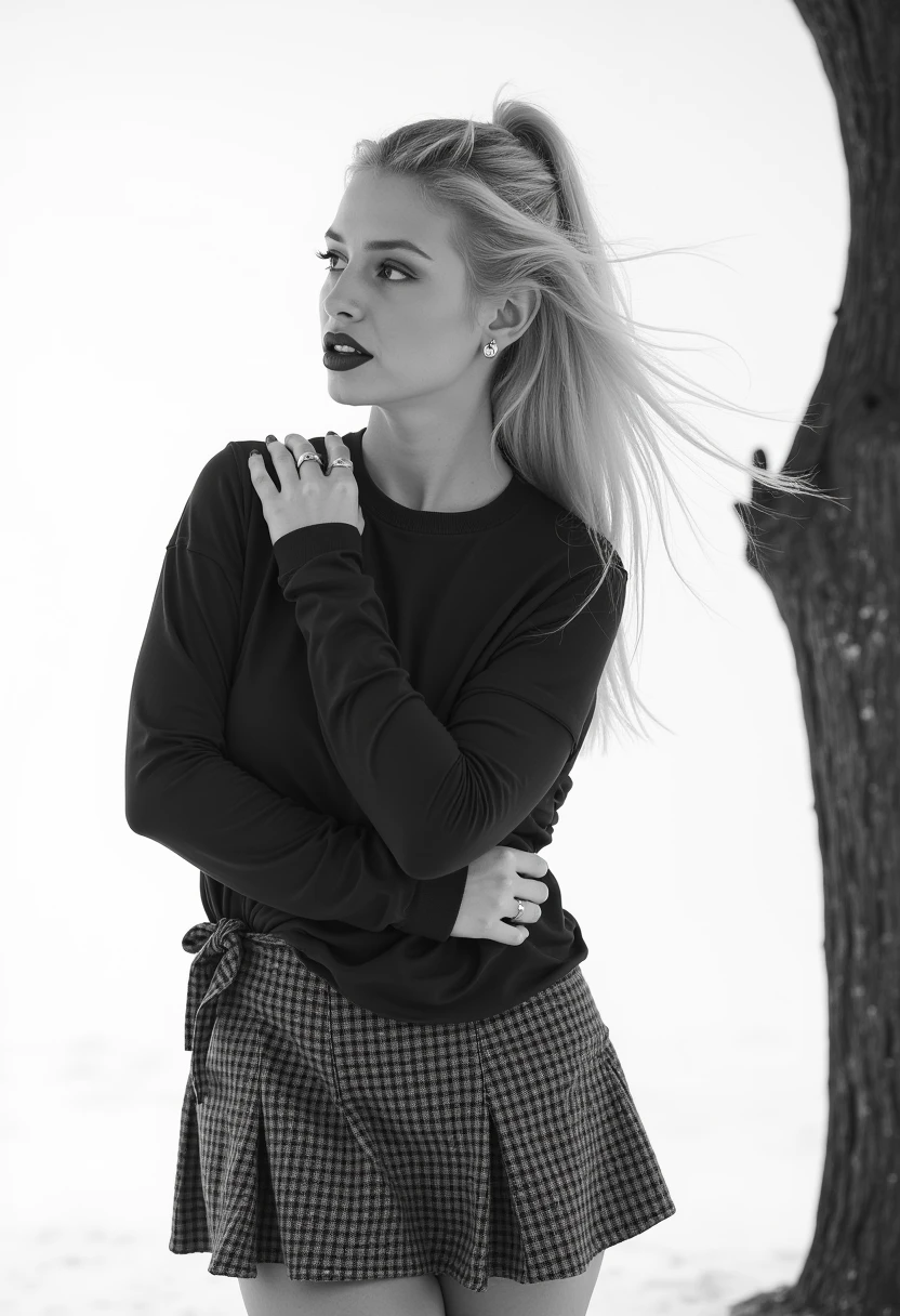 Captured in a black and white monochromatic shot, a woman with long blonde hair, wearing a long-sleeved t-shirt and a checkered skirt. Her hair is pulled back, cascading over her shoulders, adding a touch of movement to her face. The woman's eyes are open, revealing a glimpse of her lips. Her lips are painted a bold, dark shade of black, while her hair is cascading in a ponytail. Her left hand is draped over her left shoulder, with her right hand resting on her hip. The backdrop is a stark white, with a tree trunk on the right side of the frame. Sarenna Lee, busty