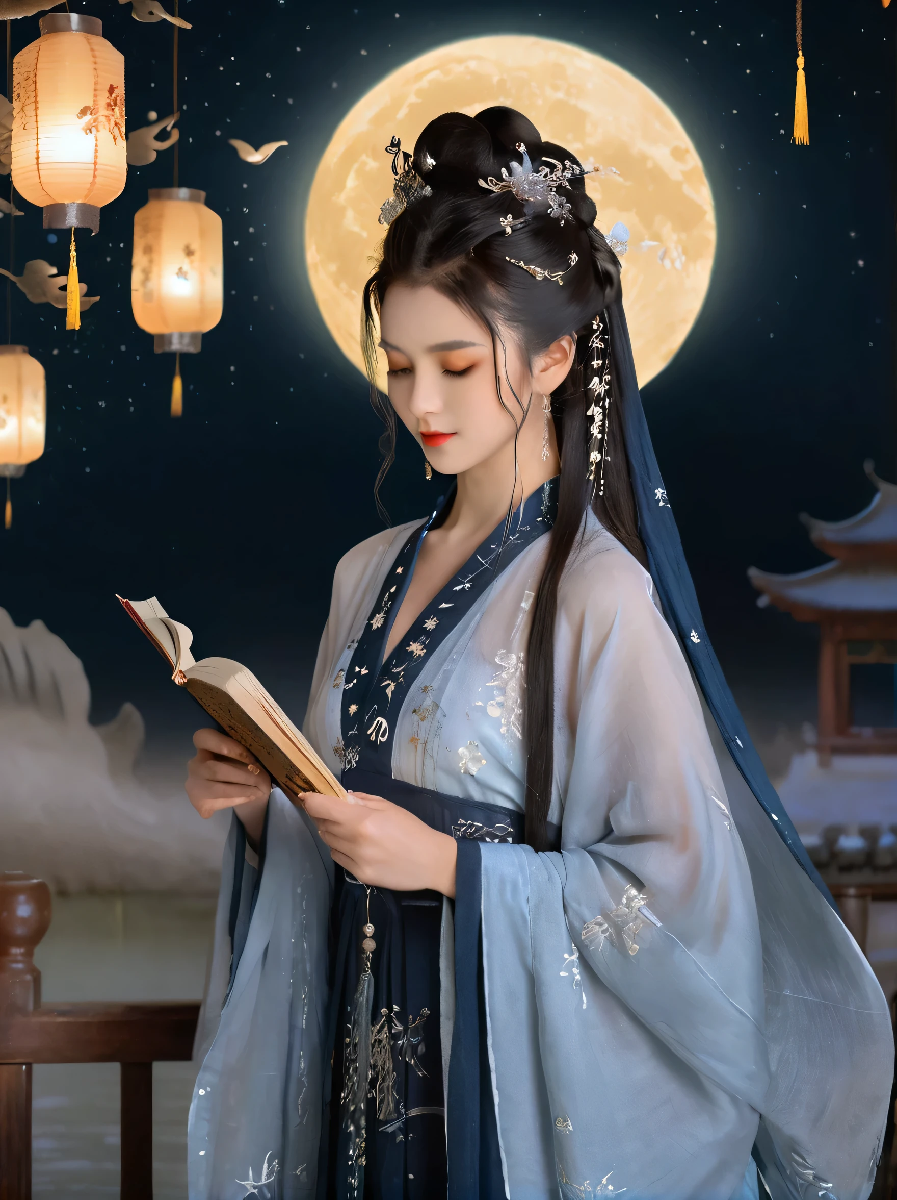 Dunhuang art style, Extremely long-distance lens, A beautiful girl, Perfect face, Pretty Face, Wearing traditional silk dress, Standing on an ancient soft scroll with golden ancient texts, Zen style, Bright Star, Light and Shadow, Ancient White, epic, Extremely delicate brushstrokes, Reality, Photographed by DJI, illustration, 3D Rendering, UHD, masterpiece, accurate, anatomically correct, textured skin, super detail, 8k.Imagine a stunning Tang Dynasty woman standing by a moonlit garden pavilion, reading a poem in the soft glow of a hanging lantern. She is wearing a midnight blue hanfu with silver embroidery of stars and clouds, creating an ethereal, celestial appearance. Her hair is styled in an intricate updo, with silver hairpins shaped like crescent moons. Her face is illuminated by the lantern’s soft light, highlighting her delicate features—her calm, gentle eyes and the subtle smile on her lips. The pavilion is surrounded by a peaceful lotus pond, where the reflection of the full moon shimmers on the water’s surface. The scene is tranquil and otherworldly, as if the woman herself is a figure from a dream