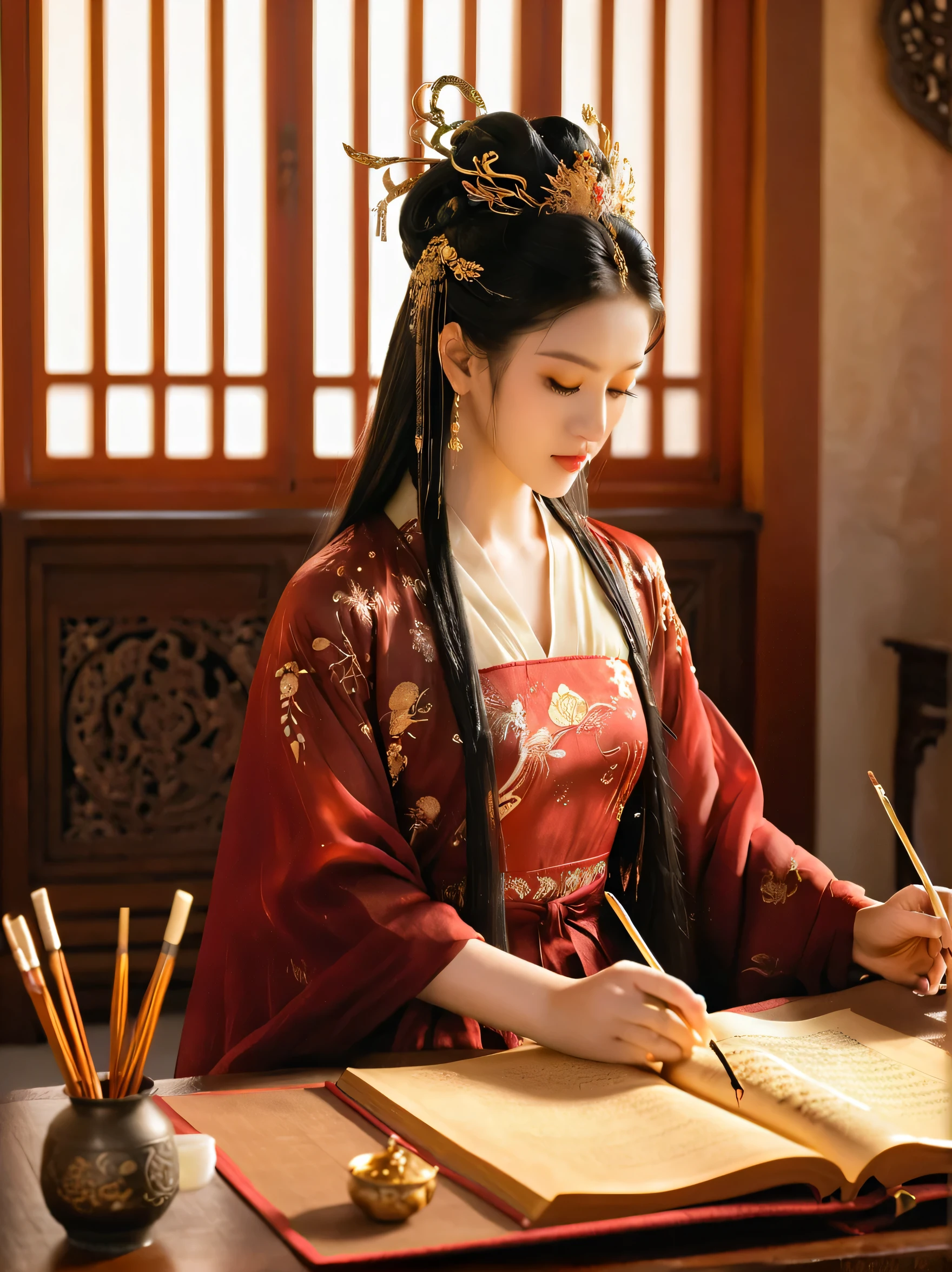 Dunhuang art style, Extremely long-distance lens, A beautiful girl, Perfect face, Pretty Face, Wearing traditional silk dress, Standing on an ancient soft scroll with golden ancient texts, Zen style, Bright Star, Light and Shadow, Ancient White, epic, Extremely delicate brushstrokes, Reality, Photographed by DJI, illustration, 3D Rendering, UHD, masterpiece, accurate, anatomically correct, textured skin, super detail, 8k.Depict a gorgeous Tang Dynasty woman reading a poem while seated at an elegant writing desk in a luxurious study. Her hanfu is a deep red with gold accents, symbolizing her noble status. Her hair is neatly arranged with golden phoenix hairpins, and her expression is one of deep concentration. In her hand, she holds a brush, pausing as if reflecting on the words she has just written. The study is filled with scrolls, inkstones, and books, and a tall window lets in a soft, warm glow of sunlight, casting gentle shadows across the room. Outside the window, a lush garden can be seen, with vibrant red peonies blooming, adding a touch of nature’s beauty to the scholarly scene