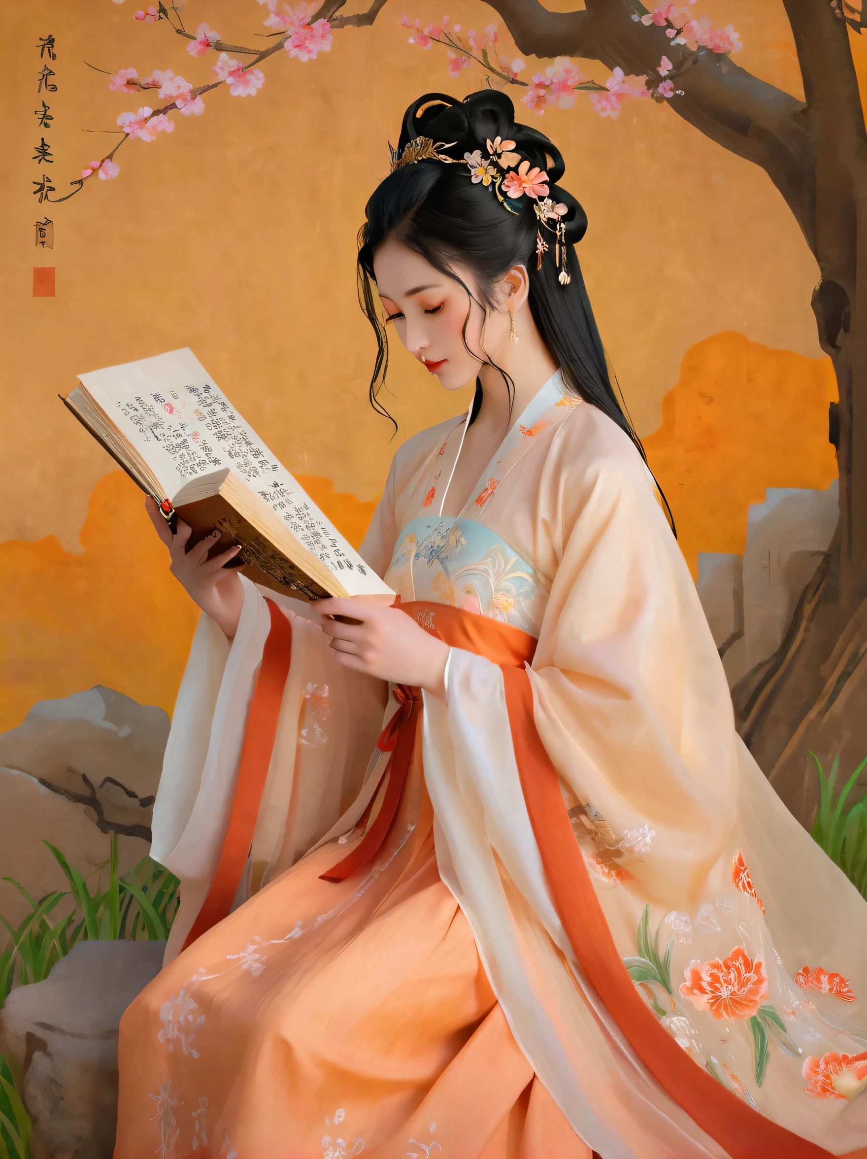 Dunhuang art style, Extremely long-distance lens, A beautiful girl, Perfect face, Pretty Face, Wearing traditional silk dress, Standing on an ancient soft scroll with golden ancient texts, Zen style, Bright Star, Light and Shadow, Ancient White, epic, Extremely delicate brushstrokes, Reality, Photographed by DJI, illustration, 3D Rendering, UHD, masterpiece, accurate, anatomically correct, textured skin, super detail, 8k.Visualize a breathtaking Tang Dynasty woman sitting under a blossoming peach tree, reading a poem on a silk scroll. Her hanfu is in vibrant shades of peach and gold, complementing the colors of the blooming flowers around her. The wide sleeves of her robe fan out gracefully on the grass as she sits cross-legged on an embroidered cushion. Her long black hair is loosely tied in a low bun, adorned with a single delicate flower, matching the blossoms above. Her expression is serene, her eyes softly gazing at the scroll as if lost in the words. Around her, petals fall gently in the spring breeze, and a nearby stream reflects the soft glow of the afternoon sun. The scene radiates peace and beauty, as if time has paused in this moment of quiet contemplation.