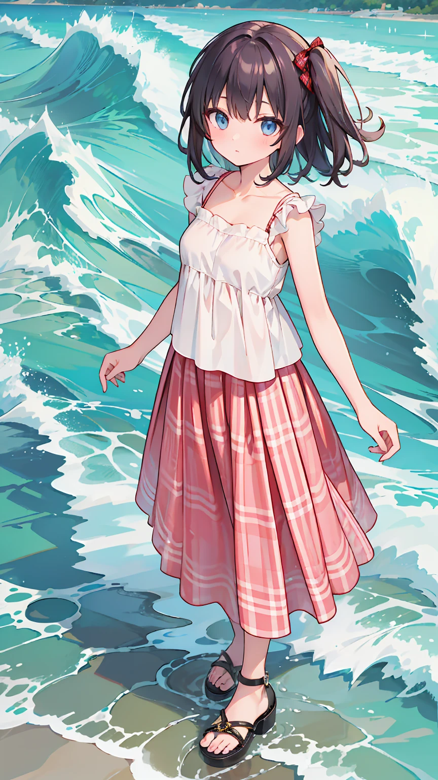 (8k, Best Quality, masterpiece: 1.2),Ultra-high resolution, 1 person, solo ,Small breasts, Highly detailed face, White long skirt, The top is a red gingham check camisole.ソール, White long skirt, The top is a red gingham check camisole., White short sleeves, Gladiator Sandals, sea, Waves, Pure white long skirt, 