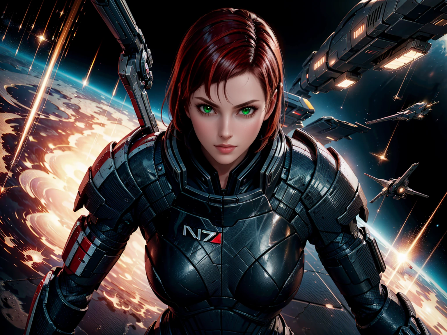 Solo, Jane Shepard, with crimson red hair, wearing damaged N7 armor, punching a Reaper dreadnought ship in space, hand-to-hand combat against a spaceship, omniblade, hyper detailed, 8k, photorealistic, intricate details, cinematic lighting, dramatic atmosphere, dynamic action pose, powerful expression, volumetric lighting, cinematic camera angle, vibrant colors, seamless integration, flawless rendering