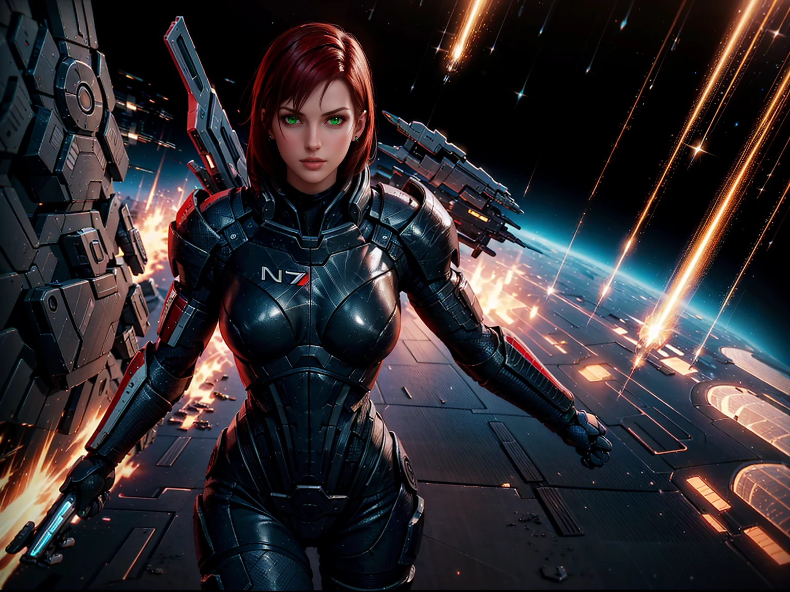 Solo, Jane Shepard, with crimson red hair, wearing damaged N7 armor, punching a Reaper dreadnought ship in space, hand-to-hand combat against a spaceship, omniblade, hyper detailed, 8k, photorealistic, intricate details, cinematic lighting, dramatic atmosphere, dynamic action pose, powerful expression, volumetric lighting, cinematic camera angle, vibrant colors, seamless integration, flawless rendering