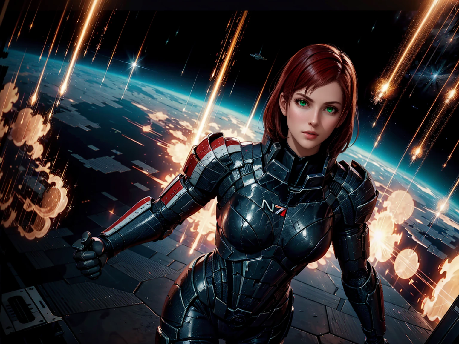 Solo, Jane Shepard, with crimson red hair, wearing damaged N7 armor, punching a Reaper dreadnought ship in space, hand-to-hand combat against a spaceship, omniblade, hyper detailed, 8k, photorealistic, intricate details, cinematic lighting, dramatic atmosphere, dynamic action pose, powerful expression, volumetric lighting, cinematic camera angle, vibrant colors, seamless integration, flawless rendering