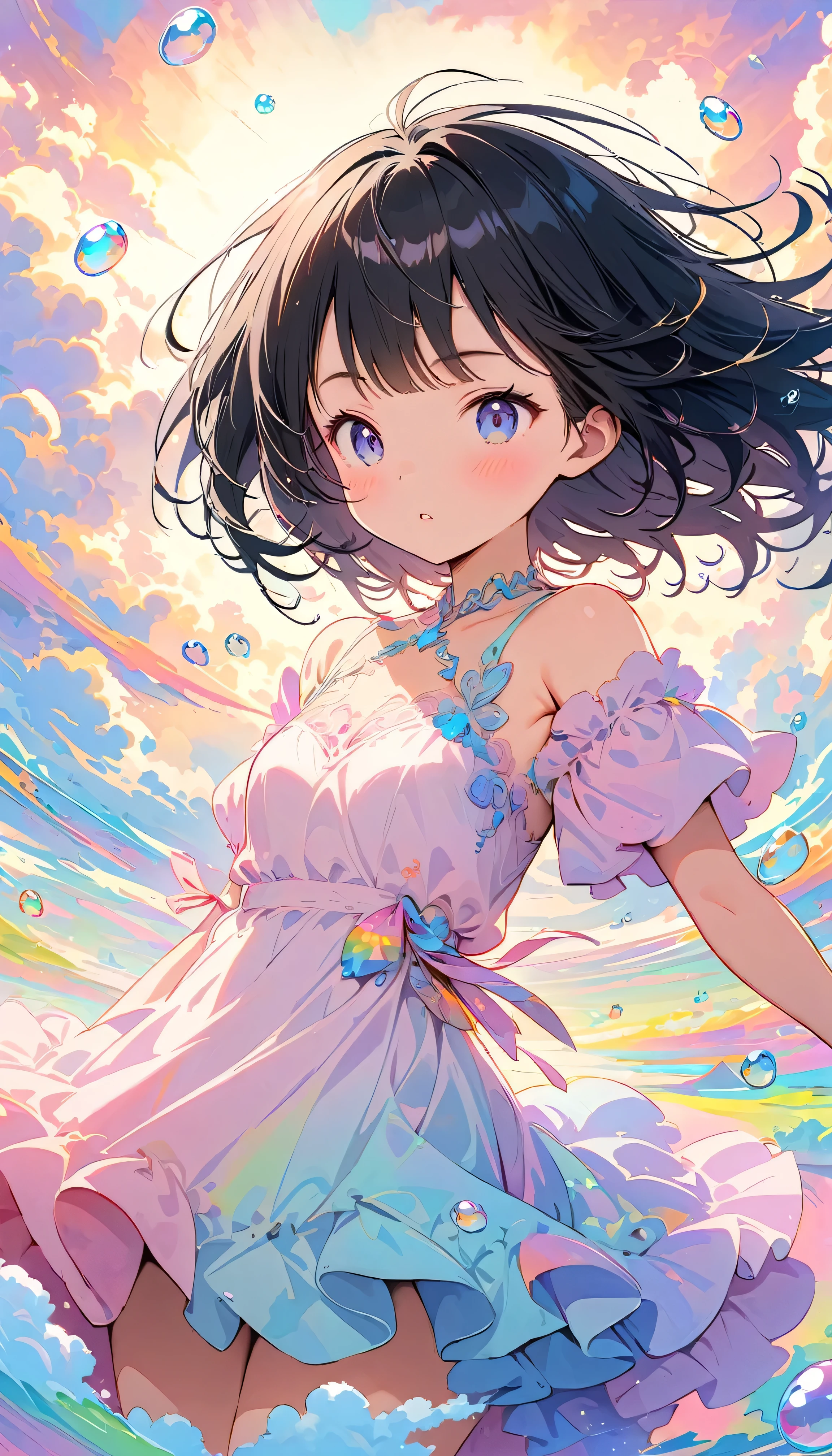 Best Quality, Super Fine, 8k, Incredibly absurd, Very detailed, 2.5D, Beautiful Goddess, Soap bubbles, Pastel colored clouds, Sunshine, Pop Art, Delicate and dynamic, Pastel Color Fantasy, Black Hair, young, Small breasts, Official Art