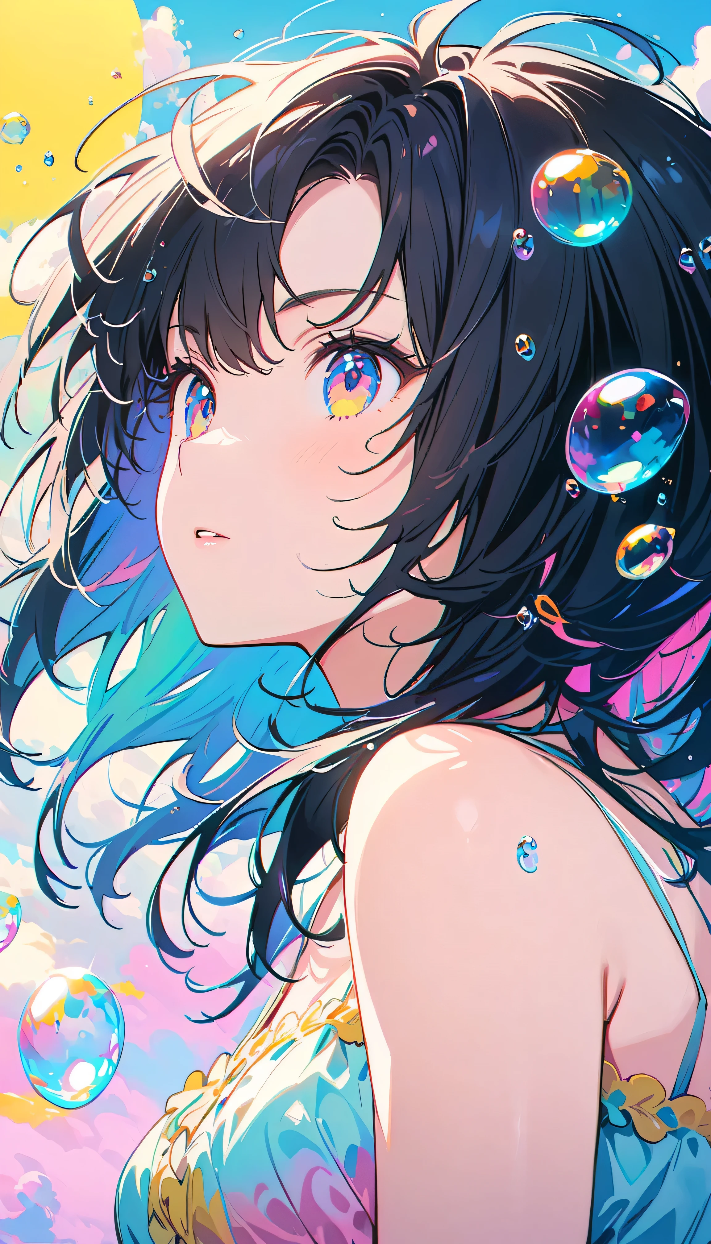 Best Quality, Super Fine, 8k, Incredibly absurd, Very detailed, 2.5D, Beautiful Goddess, Soap bubbles, Pastel colored clouds, Sunshine, Pop Art, Delicate and dynamic, Pastel Color Fantasy, Black Hair, Official Art