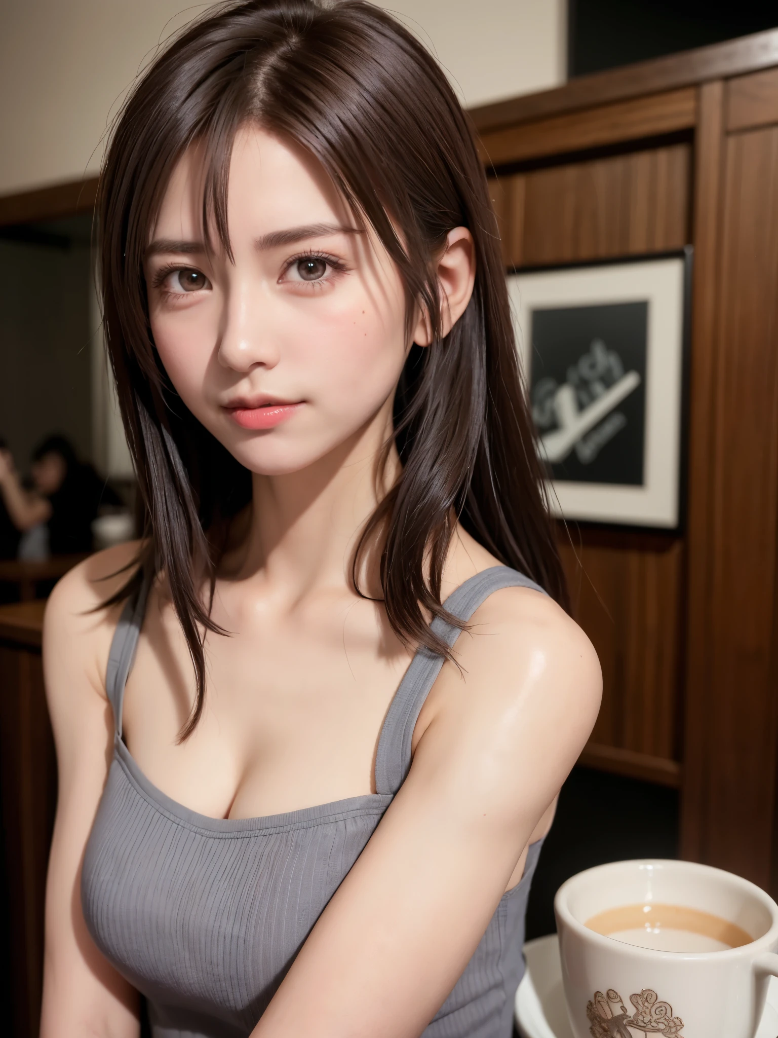 ((best quality, 8K, masterpiece)), ultra detailed, sharp focus, 1 cute girl,sitting on chair, ((cup of cafe latte)), highly detailed face and skin texture, ((detailed eyes)), ((beautiful eyes:1.2)), (smile:1.15), (closed mouth), cafe、Completely naked
、There is semen in the cup、Semen overflowing from the cup