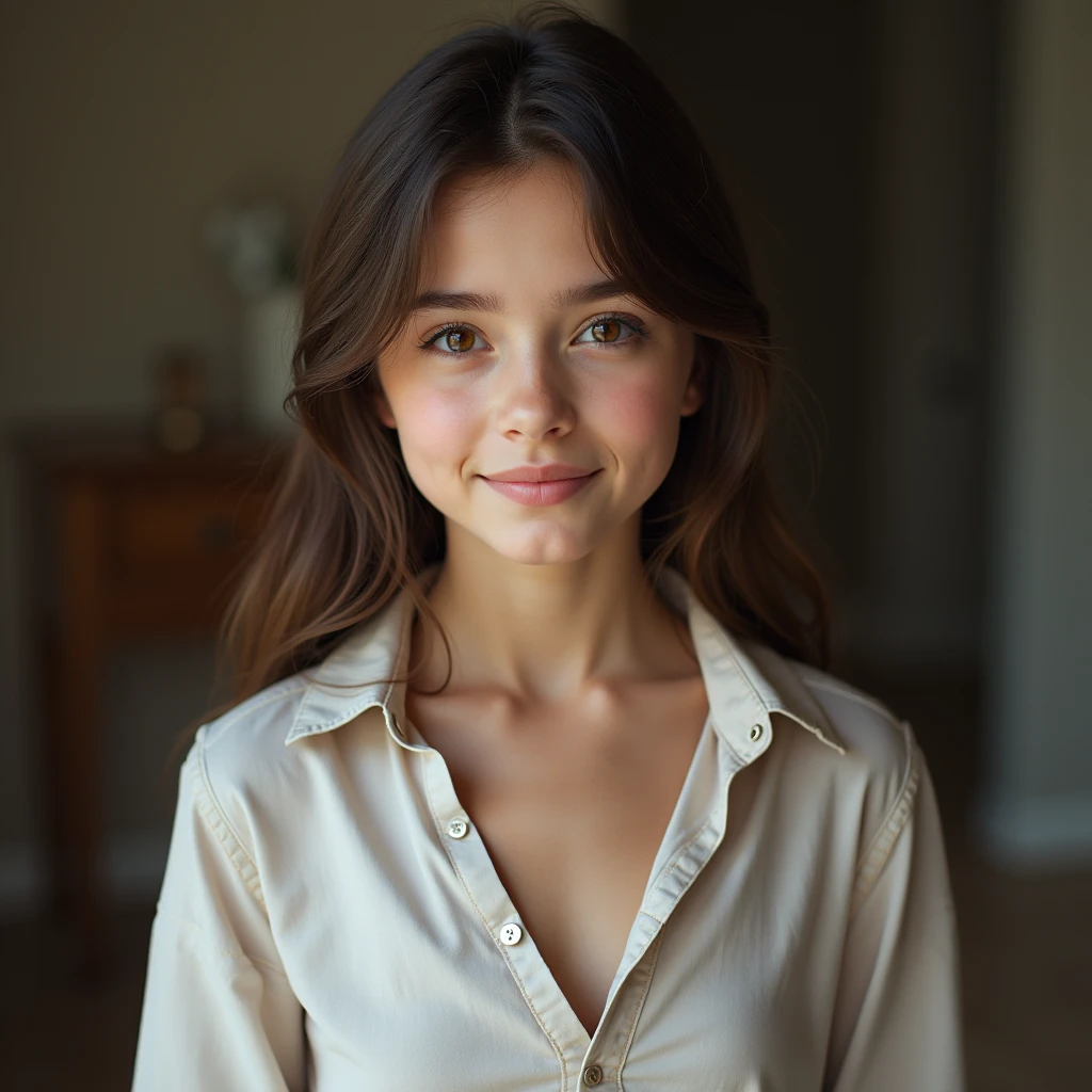 Arafed woman with long brown hair and a white shirt - SeaArt AI