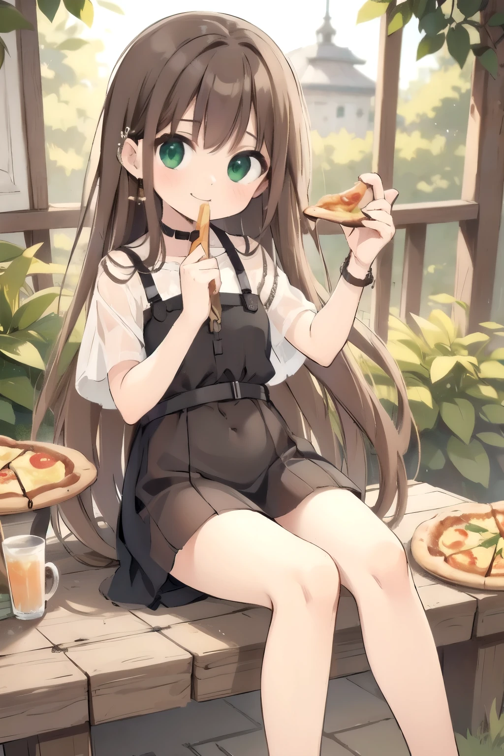 south euoropean girl, solo, sitting, table, spoon, pizza, green eyes, masterpiece, best quality,