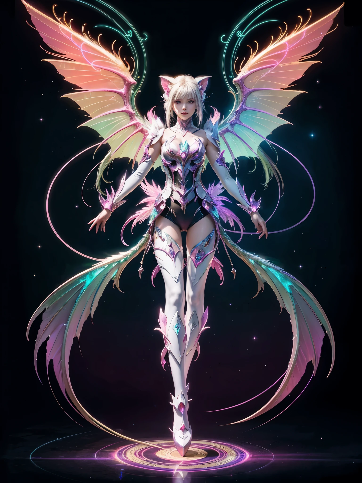 1girl, Armor, Wings, beautiful dragon, futuristic evolved Nekomata, (Neon glowing body), 2 tails, holographic, (The wings are symmetrically paired;1.5), Long shot,

