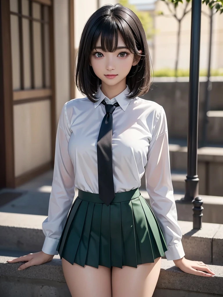 street, BREAK, (masterpiece, best quality, ultra detailed, (detailed face), 8k), BREAK, (1 girls, ((Japanese school girl)), , (cute round childish) face, natural medium hair, cute bangs, looking at viewer, natural gigantic breasts,arms up, lovely, innocent, smile, white long sleeve shirt, green bowtie, knit vest, (dark pleated skirt:1.5), (small sexy panties:1.6), skirt lift by self, ((squatting, widely spread legs), knees up), head tilt), (full body), perfect lighting