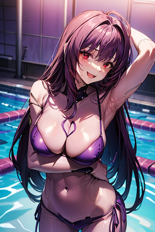 (((purple bikini))),  Very detailed、highest quality、Best image quality、masterpiece、8k、Anime Face、A kind smile、Open Mouth、(purple long hair:1.5) large breast, big breast, sexy、 beautiful body 、Cowboy Shot, Sexual Intercourse, ((red eyes)), a hotel swimming pool, 