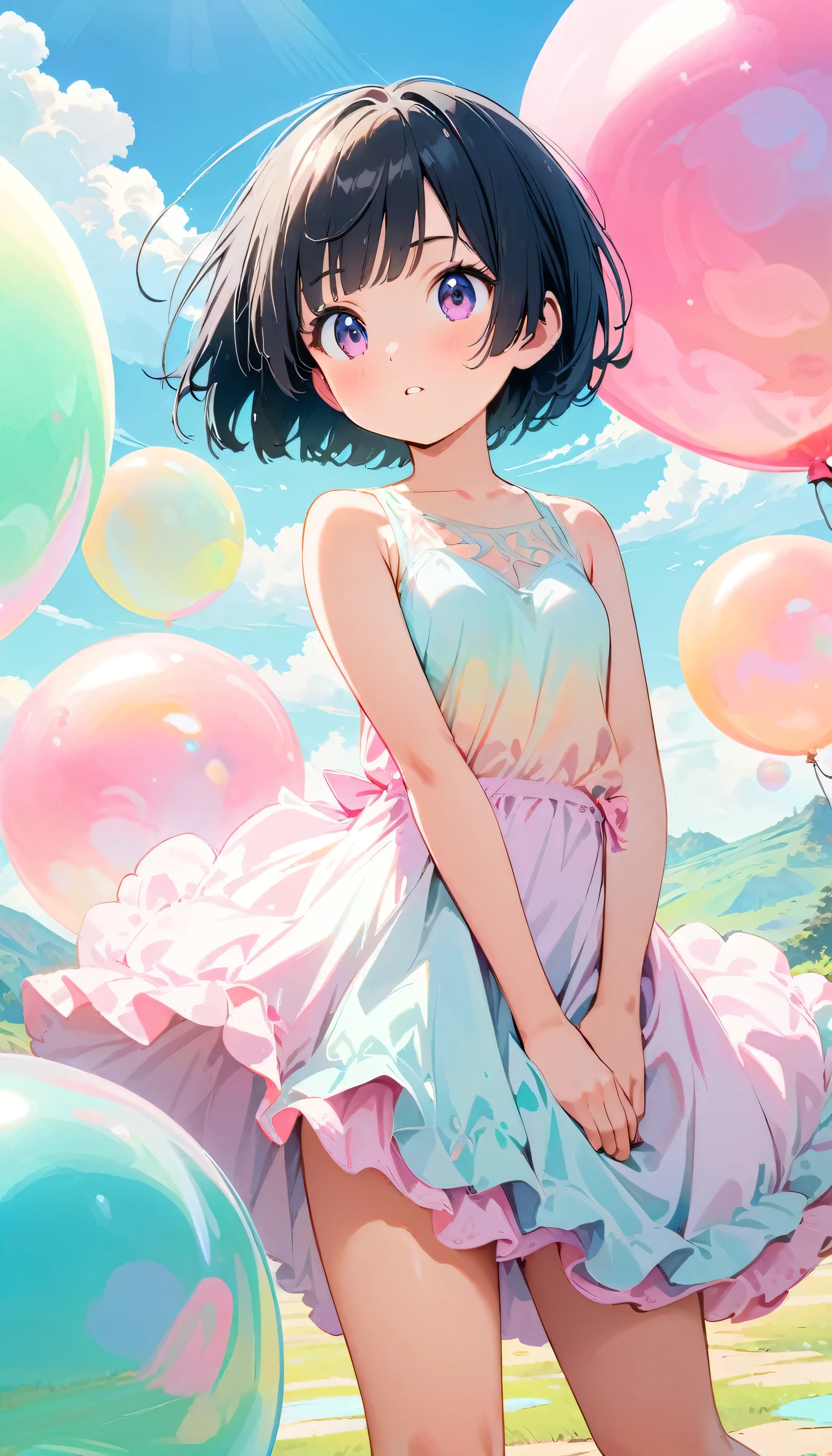 Best Quality, Super Fine, 8k, Incredibly strange, Very detailed, 2.5D, Beautiful Goddess, Pastel colored soap bubbles cloud, Sunshine, Pop Art, Delicate and dynamic, Pastel Color Fantasy, Black Hair, Bobcut, Very young, Small breasts, Official Art