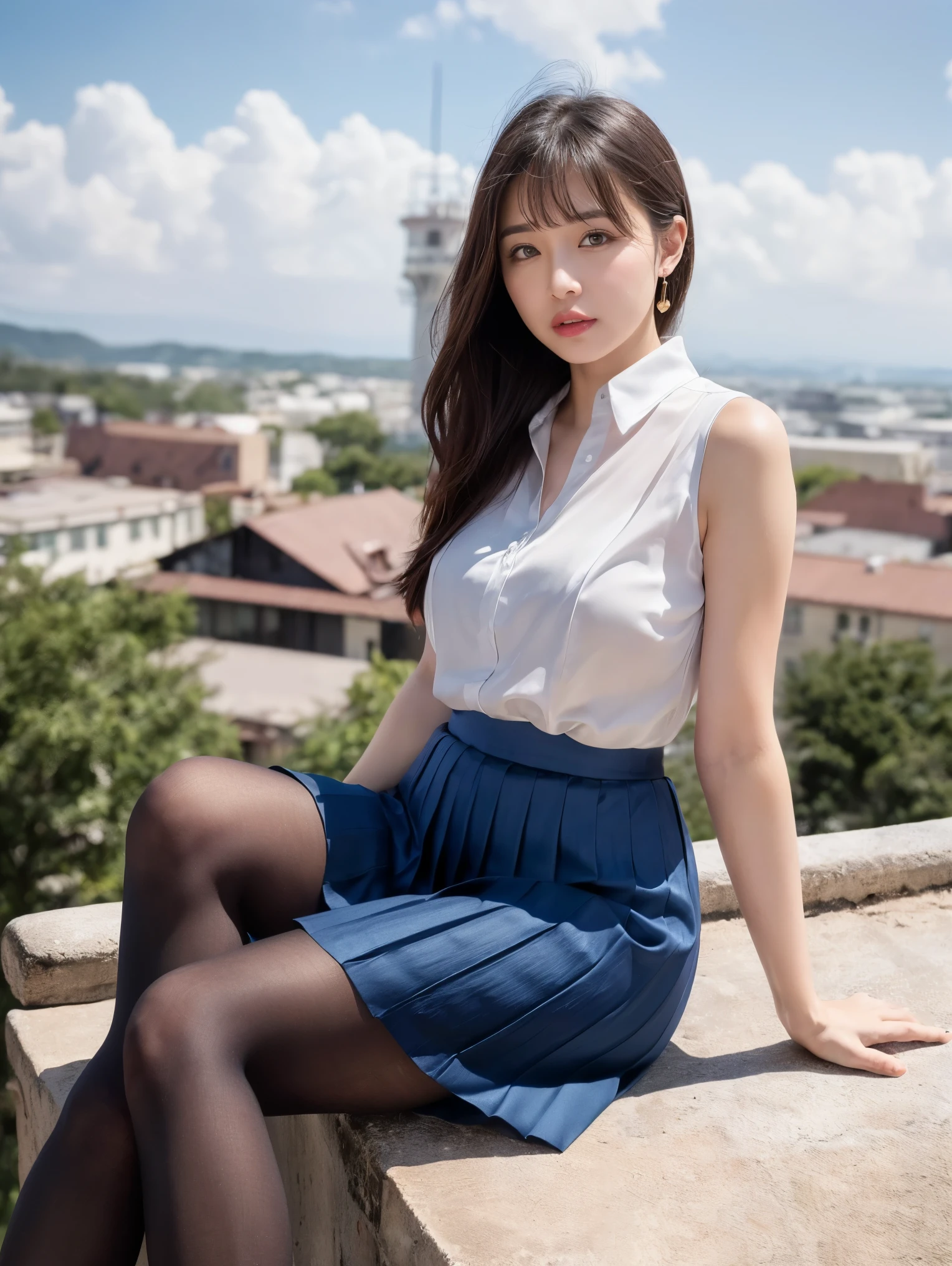 (((8k、High resolution、Best Quality、High resolution)))Alone、Natural body shape、White skin、Natural Makeup、((Black Hair、bangs、Straight Long Hair))、((()))、Sitting、(Sit at the top of the tower:1.4)、(())、(((((Full body photo)))))、(((Looking into the camera)))、(((Wear a see-through satin blouse on your upper body)))、office、(((company))) 、((White sleeveless blouse))、(())、((Dark blue pleated skirt、mini skirt、Ultra-realistic pantyhose))、、、Expressionless、((Exposing your thighs)), Beautiful mature woman、