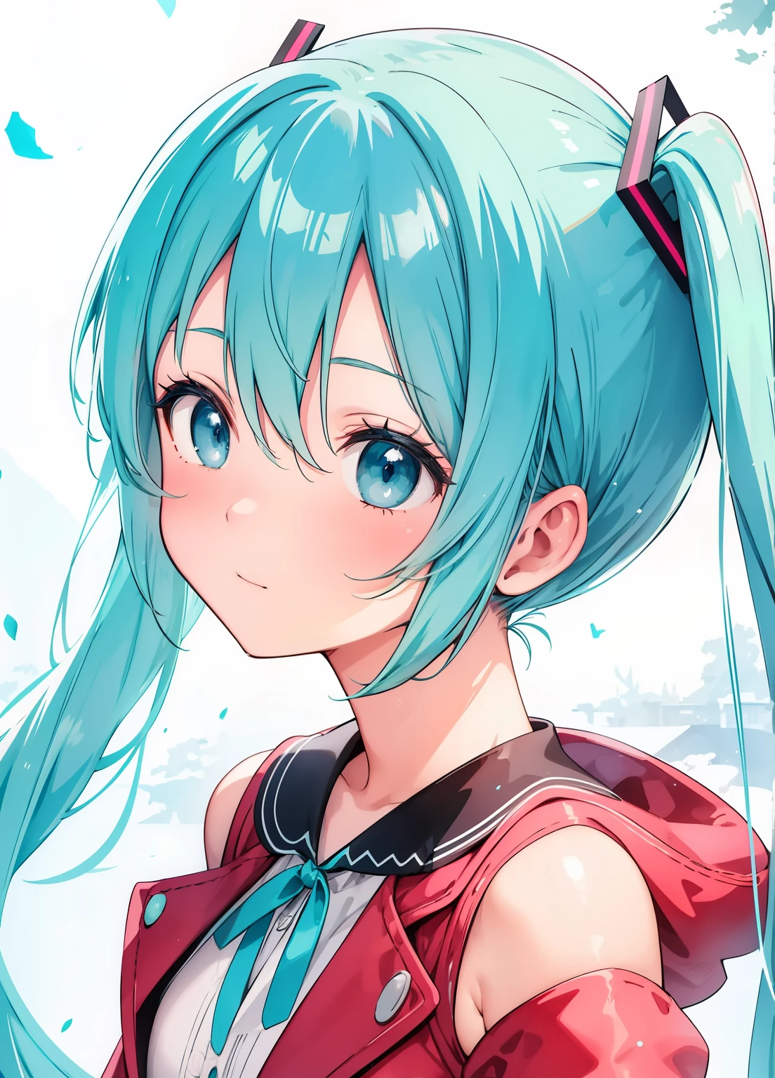 (masterpiece、Best Quality、Best Quality、Official Art、Beautiful and beautiful:1.2)、(One person:1.3)Hatsune Miku、Twin tails,Beautiful breasts,masterpieceBest Quality, High resolution, [Selina (Pokémon), short hair, blue eyes, One person女の子, Alone, Blue Ribbon, Eyelashes, Neck ribbon, Sleeveless, bangs, clavicle, Exposing arms, Pink Dress , Red coat, white background, Front, No view, Looking at the audience,Upper body facing forward, solid color background, clean background, To the camera, High resolution, A calm, expressionless face, 白いbackground, Look away, Simple_background
