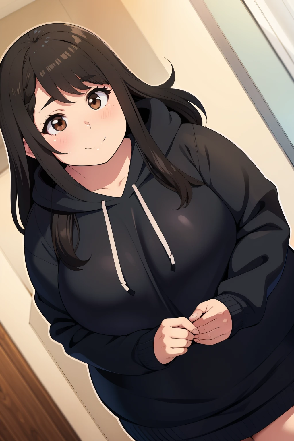 Chubby 2 big black hair brown eyes happy long messy hair blushing smile deredere black hoodie underwear 