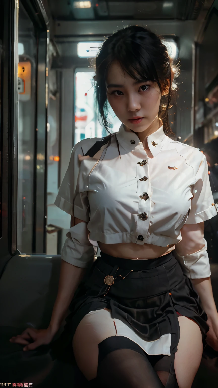 A beautiful young woman of Thai-Vietnamese descent, 3, with a beautiful figure and beautiful curves. ((Wearing a school uniform, short-sleeved shirt with white buttons, a fitted black skirt, dressed in a cyberpunk style 1.5)) Romantic, long black lace stockings, a belt. ((Riding the subway in the city at night)) Moonlight shines through the window to her at night, transparent, translucent, cyberpunk atmosphere, sexy, cute. ((Almost full-body portrait)) Taken with world-class lighting and photographers, the most detail, the best focus.