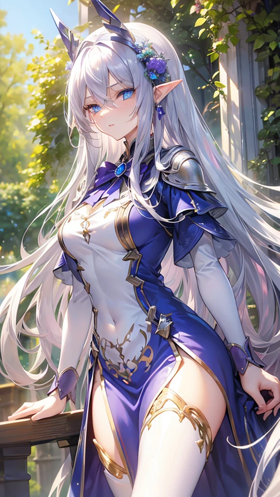 ((Silver Hair)), Highly detailed face and eyes, (Very long hair, Straight Hair), jewelry, Purple hair band, Long pointy ears, anime, masterpiece, Textured skin, (Super detailed), Awards, (Best Quality), Elf, In the forest, tree々Sunlight shining through, (Blue Dress), whole body, Beautiful legs, hunting, Bow and Arrow, Eyeball, tsurime, blue eyes