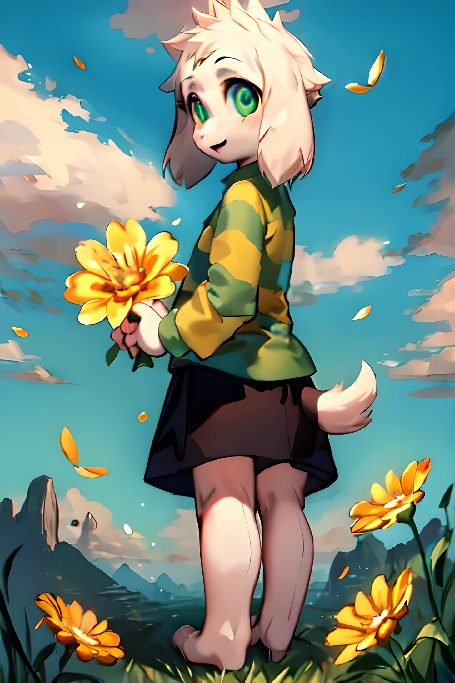 1boy, green eyes, green t-shirt, sky, brown skirt, tail, backview, flower 