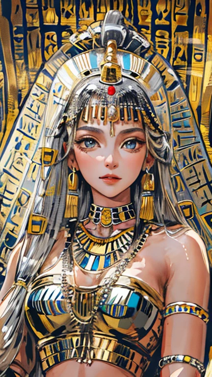 (High resolution, Best Quality, masterpiece, 8k), Ancient Egypt, Cleopatra style girl, Silver blonde middle, Pharaoh&#39;s clothing, Slight emphasis on the chest and cleavage, Face Real, sexy, face,  笑face,  Large Breasts, Ancient Egypt風の宮殿内, Luxurious throne, Lavish decoration, 