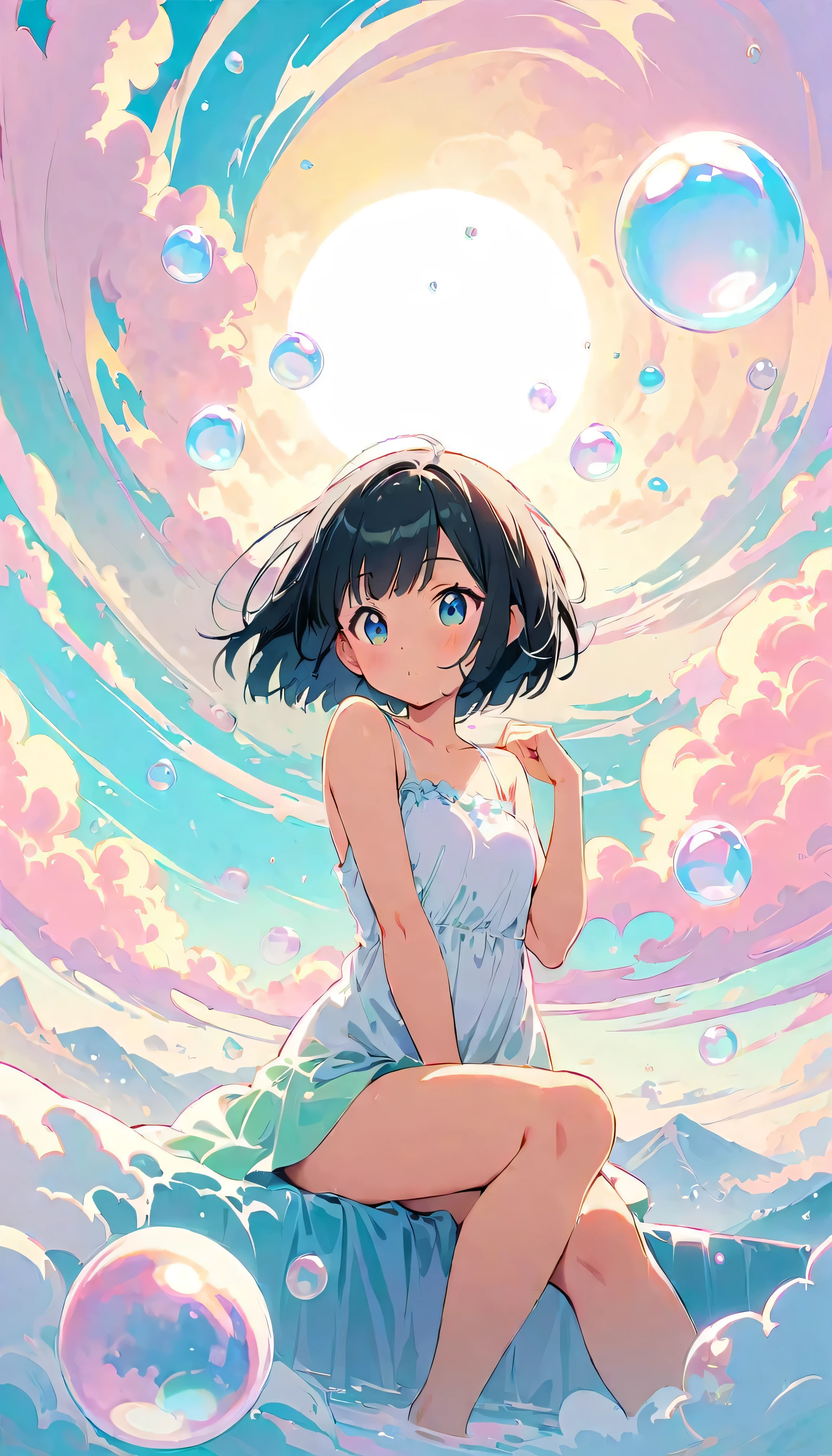 Best Quality, Super Fine, 8k, Incredibly absurd, Very detailed, 2.5D, Beautiful Goddess, Soap bubbles, Pastel colored clouds, Sunshine, Pop Art, Delicate and dynamic, Pastel Color Fantasy, Black Hair, Bobcut, Very young, Small breasts, Official Art