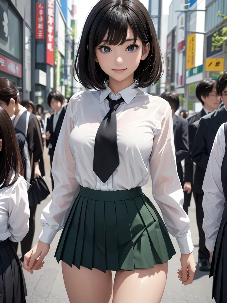 8k, Best Quality, The real picture, Intricate details, Very detailed, Ultra-high resolution, Depth Field, (Realistic,Realistic:1.2), Tabletop, (Full Body Shot), 1 girl, eye_Chan, so beautiful, innocent big eyes, Beautiful breasts:1.5, 非常に詳細なeye:1.2), (Beautiful breasts:1.1), ((Black Hair)), (Medium Bob Hair), (Asymmetrical bangs), Perfect Skin, Fair skin, Small breasts, Tight waist, Alone, Staring at the audience, (smile), ((School_Uniform), (White shirt, Wear a tie), (Dark green pleated micro mini skirt), (Standing in the crowds of Tokyo)