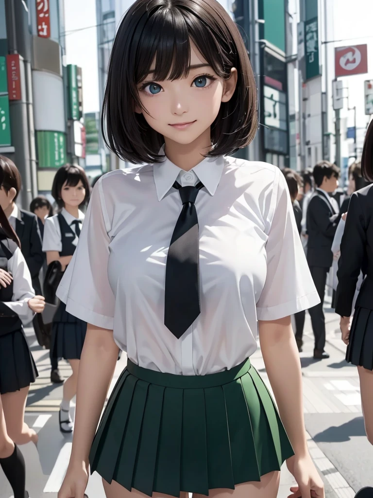 8k, Best Quality, The real picture, Intricate details, Very detailed, Ultra-high resolution, Depth Field, (Realistic,Realistic:1.2), Tabletop, (Full Body Shot), 1 girl, eye_Chan, so beautiful, innocent big eyes, Beautiful breasts:1.5, 非常に詳細なeye:1.2), (Beautiful breasts:1.1), ((Black Hair)), (Medium Bob Hair), (Asymmetrical bangs), Perfect Skin, Fair skin, Small breasts, Tight waist, Alone, Staring at the audience, (smile), ((School_Uniform), (White shirt, Wear a tie), (Dark green pleated micro mini skirt), (Standing in the crowds of Tokyo)