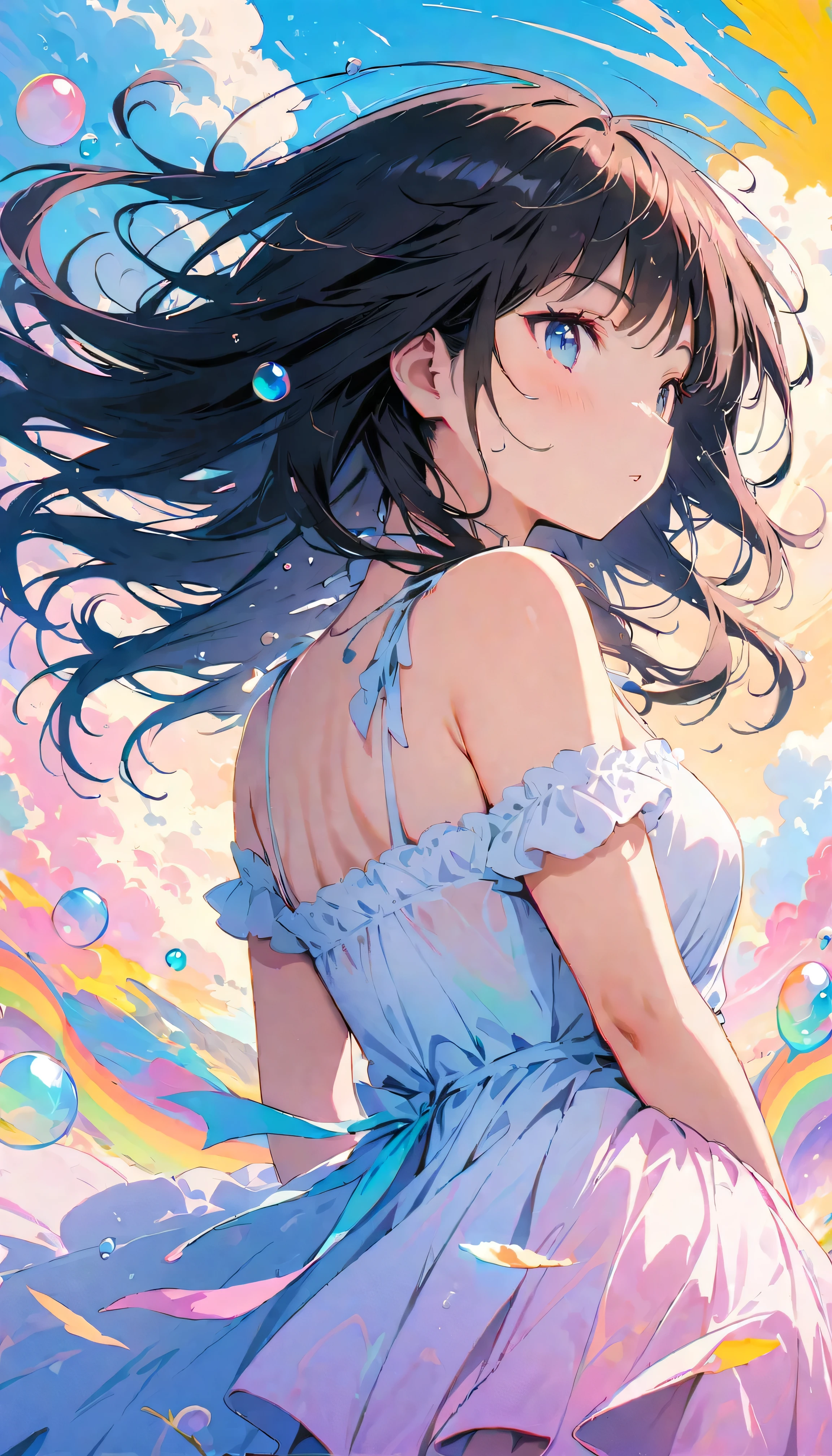 Best Quality, Super Fine, 8k, Incredibly absurd, Very detailed, 2.5D, Beautiful Goddess, Soap bubbles, Pastel colored clouds, Sunshine, Pop Art, Delicate and dynamic, Pastel Color Fantasy, Black Hair, Official Art