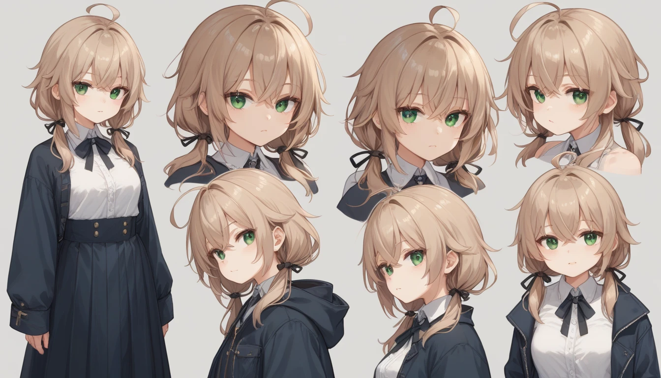 ((Light brown hair、Ahoge、Cross bangs、Small green eye、Low short pigtails＿Black ribbon hair accessory)）、Loungewear、Multiple Scenes